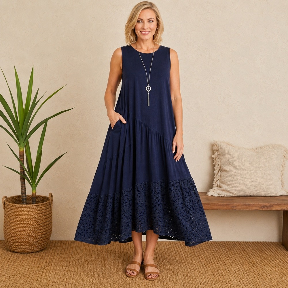 Chico's Navy Blue Eyelet Lace Tiered‎ Asymmetrical Midi Dress Pockets Size 4 XL